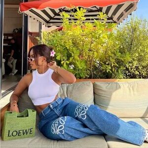 Loewe White Crop Tank with Blue Embroidered Wide-Leg Jeans